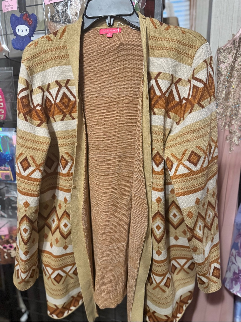 Flying Tomato Open-Front Geometric Knit Cardigan in Tan, Brown, Cream